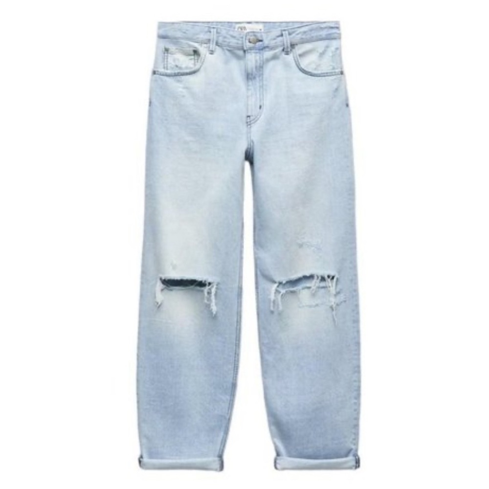 ZARA ZW MID-RISE BOYFRIEND JEANS RIPPED KNEE DISTRESSED GRUNGE BLUE 4 6840/058